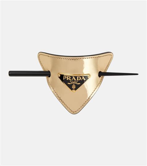 barrette prada|Metallic leather barrette in gold .